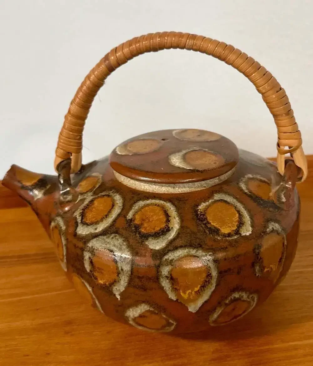 Vintage Hand-Painted Studio Pottery Teapot with Woven Rattan Handle